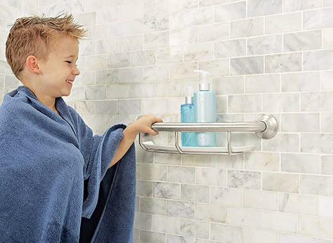 Aging In Place Bathroom, Bathroom Shower Shelves, Accessible Bathrooms, Accessible Bathroom Design, Shower Grab Bar, Ada Bathroom, Accessible Home, Shower Stalls, Grab Bars In Bathroom