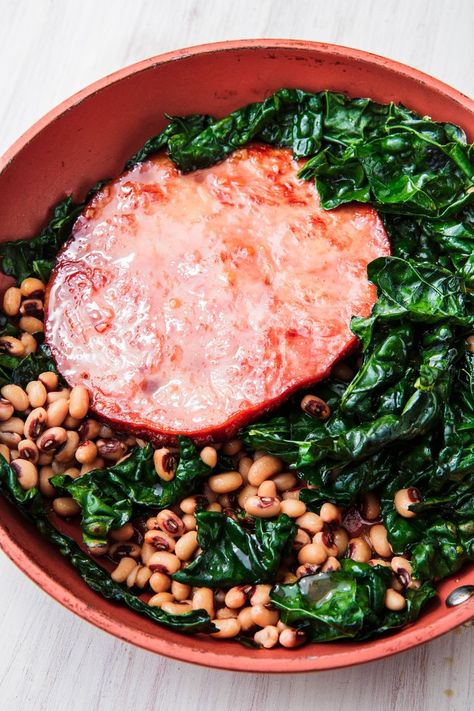 Ham Steak vertical — Delish.com Ham Steak Dinner Ideas, Glazed Ham Steak, Ham Steak Dinner, Ham Steak Glaze, Steak Dinner Ideas, Wilted Kale, Christmas Dinner For Two, Ham Steak Recipes, Maple Glazed Ham