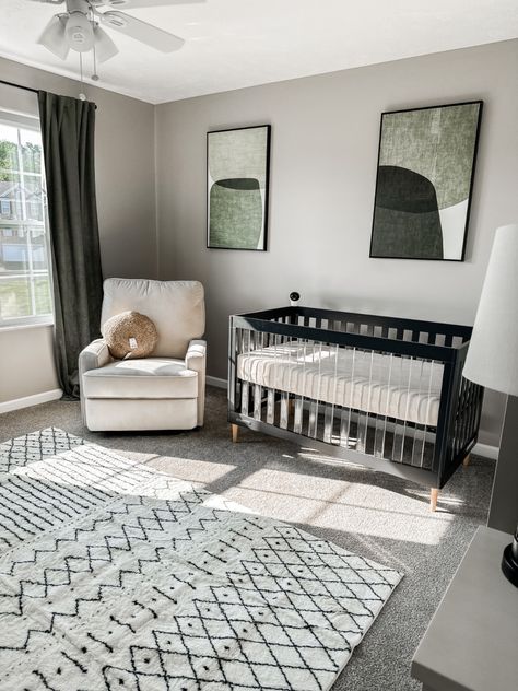 A little snippet of our baby boy’s neutral, modern nursery 💚 crib is from Delta Children, the artwork is from Etsy, and the rug, glider, and curtains are all Target! Delta Casey Crib, Delta Children Nursery, Neutral Modern Nursery, Nursery Baby Boy, Rug Nursery, Delta Children, Nursery Crib, Gray Rug, Modern Nursery