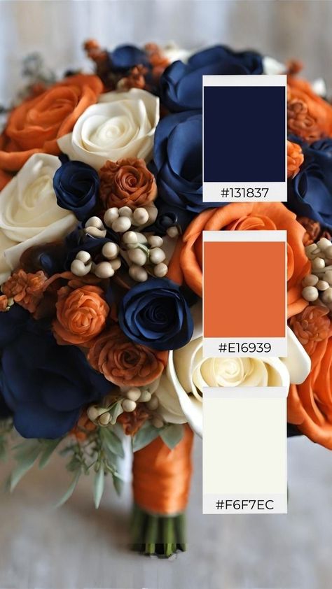 Wedding Schemes Colour Palettes Summer, Navy And Orange Wedding Cake, Wedding Colors With Orange, Royal Blue And Burnt Orange Wedding, Fairytale Palette, Orange And Blue Wedding Colors, Navy Blue And Orange Wedding, Navy And Orange Wedding, Orange Wedding Color Scheme