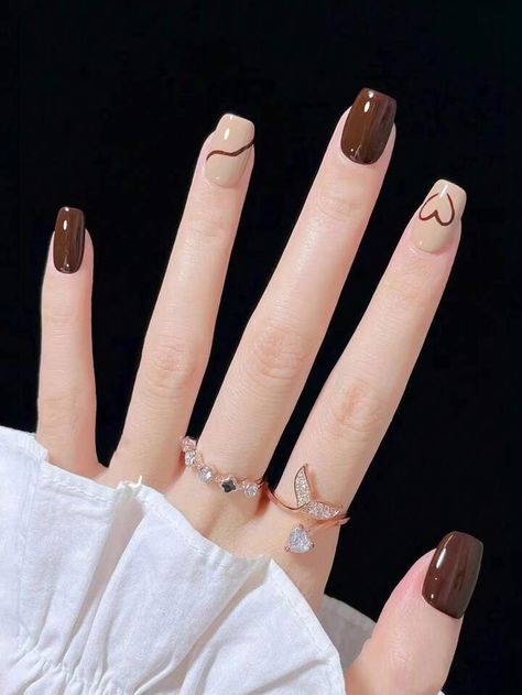 Free Returns ✓ Free Shipping✓. 24pcs Short Square Glossy Nail Wraps To Upgrade Your Nails Featuring Deep Coffee And Chocolate Color And Heart Design, Along With 1pc Jelly Gel And 1pc Nail File, Perfect For Women And Girls In Autumn And Winter Press On Nails Nail Supplies- Press On False Nails at SHEIN. Brown Nails Multicolor, Brown Nail Art, Ideas Uñas, Kutek Disney, Brown Nails Design, Hello Nails, Square Nail Designs, Simple Gel Nails, Her Nails