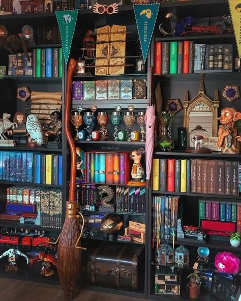 Hogwarts Office Ideas, Harry Potter Inspired Library, Bookshelf Harry Potter, Harry Potter Bookshelf Ideas, Dnd Bookshelf, Harry Potter Library Decor, Harry Potter Office Ideas, Harry Potter Collection Display, Harry Potter Diy Crafts Decoration