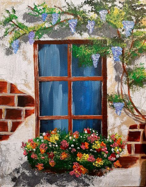 Painting Of Window With Flowers, Window Paintings On Canvas, Window Gouache Painting, Window Painting Ideas Canvas, Acrylic Window Painting, Window With Flowers Painting, Painting Of Window, Window With Flowers, Window Sketch