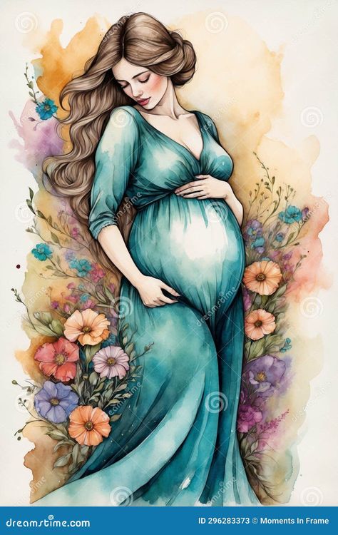 Drawing Of A Pregnant Woman, Painting Of Pregnant Woman, Flower Dress Illustration, Pregnant Watercolor, Pregnant Belly Drawing, Pregnant Women Drawing, Pregnant Women Illustration, Pregnant Woman Painting, Pregnant Painting