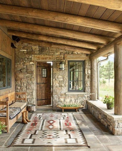 Brick Exterior House, Casas Coloniales, Fall Farmhouse, Rustic Home Design, Farmhouse Front, Front Porches, Stone Walls, Patio Designs, Small Bathroom Ideas