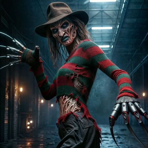 Freddy Krueger Reimagined as a Woman – A Nightmare in Elegance 🔪 | AI Generated Images . Step into a chilling reimagination of the horror icon Freddy Krueger as a woman. This AI-generated transformation brings a haunting elegance to the nightmare we all know. Experience the eerie blend of beauty and terror that will keep you awake at night. Perfect for horror enthusiasts and digital art lovers, this unique twist on a classic villain is sure to captivate and terrify. Dive into the darkness an... Female Freddy Krueger, Freddie Kruger, Freddy Krueger Art, Awake At Night, Into The Darkness, Horror Icons, Elm Street, Freddy Krueger, A Nightmare