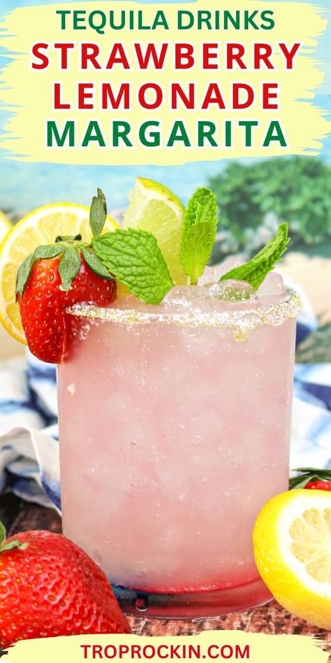 Tequila Drinks: Strawberry Lemonade Margarita with fresh fruit garnishes and a tropical background. Strawberry Lemonade Margarita, Drinks Made With Tequila, Lemonade Margarita, Tequila And Lemonade, Drinks Strawberry, Tequila Mixed Drinks, Tequila Drinks Recipes, Tequila Recipe, Bbq Parties