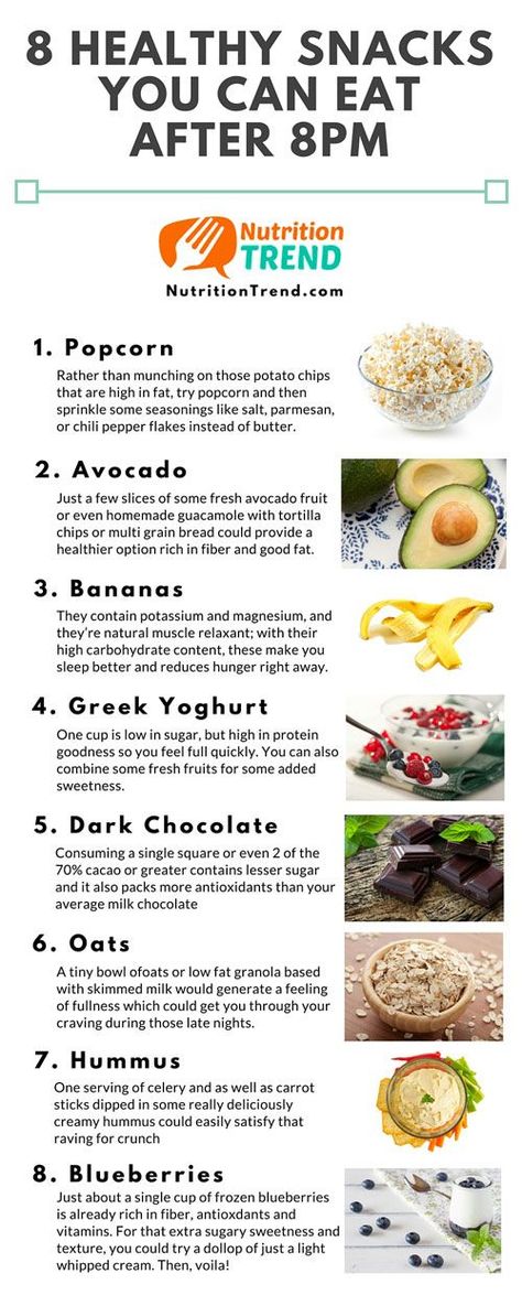 8 Healthy Snacks To Eat After 8PM {Infographic} - Best Infographics Healthy Late Night Snacks, Different Foods, Makanan Diet, Late Night Snacks, God Mat, Night Snacks, Diet Vegetarian, Quick Healthy, Arbonne