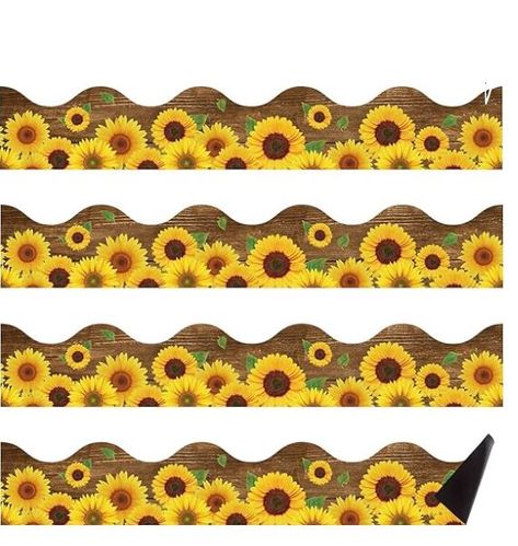 Summer Decorations Designs: the summer bulletin board trim is designed with sunflower elements, you can see the blooming sunflowers and wood grain printed into yellow and brown colors, which is full of life and vitality; The sunflower themed design will remind you of nature, spring, and autumn, harvest; Apart from this, the sunflower garland classroom decor border is magnetic and easy to use Sunflower Boarder Design, Sunflower Border Design, Sunflower Bulletin Board, Sunflower Classroom, Sunflower Border, Sunflower Garland, School Classroom Decor, Sunflower Designs, Blooming Sunflower