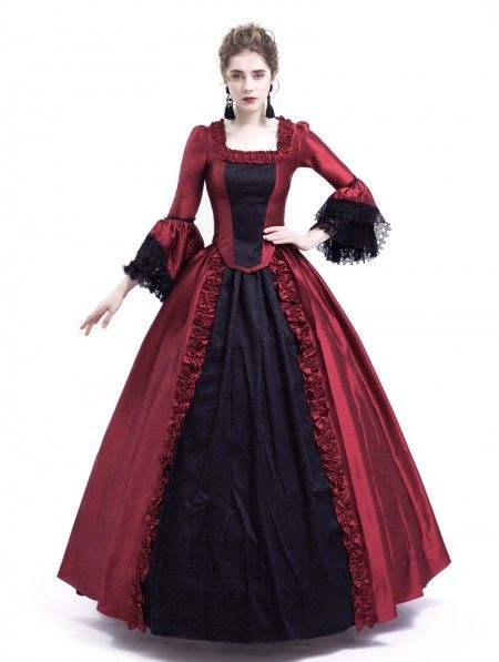 Rose Blooming Black and Red Marie Antoinette Gothic Victorian Ball Gown #Victoriandresses #gothicvictoriandress #blackvictoriandress #retrovictoriandress #victorianballgowns #MarieAntoinette #historicaldresses Medieval Dress, French Court Dress, Trumpet Sleeve Dress, Victorian Ball, Medieval Party, Long Skirt Fashion, American Dress, Court Dresses, Gothic Victorian