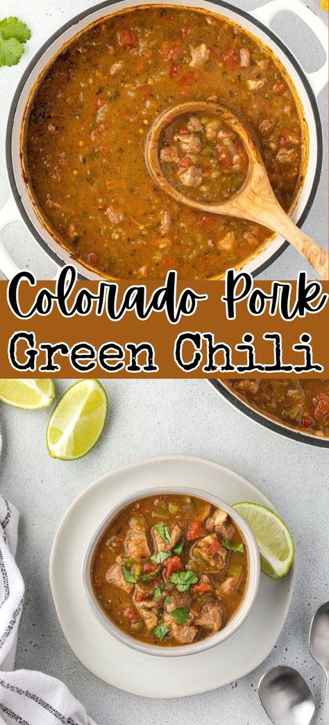 Colorado Pork Green Chili is one of the best forms of comfort food! This flavorful dish features tender chunks of pork simmered with spicy peppers to create a delicious and hearty stew. It is the perfect recipe to enjoy on a chilly winter evening or any time you crave a comforting bowl of stew! Green Chili Stew With Pinto Beans, Colorado Green Chili Pork, Colorado Green Chili Stew, Pork Green Chili Sauce Recipe, Easy Pork Green Chili Recipe, Green Chili Recipe, Dessert Chili Recipe, Green Chili Pork Soup, Pork Green Chile Stew