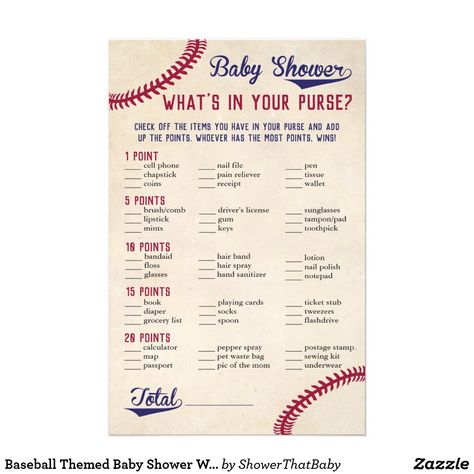 Baseball Themed Baby Shower What's in Your Purse Flyer Baby Shower Baseball Theme, Baby Shower Baseball, Baseball Baby Shower Theme, Baby Name Game, Sports Baby Shower, Best Baby Shower Ideas, Baby Shower Wording, Baby Shower Vintage, Pads Tampons