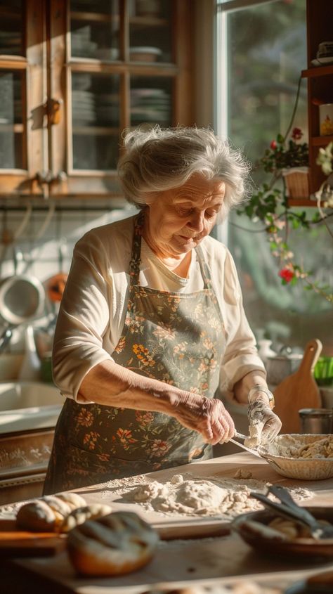 Grandma Baking Cookies: In a warm, sunlit kitchen, a loving grandmother prepares homemade cookies with practiced hands. #grandmother #baking #cookies #kitchen #sunlight #aiart #aiphoto #stockcake ⬇️ Download and 📝 Prompt 👉 https://ayr.app/l/gU4s Grandma Baking Aesthetic, Grandma Cooking Photography, Grandma Photoshoot, Grandma Photography, Sunlit Kitchen, Grandma Baking, People Studies, Bread Image, Grandma Home