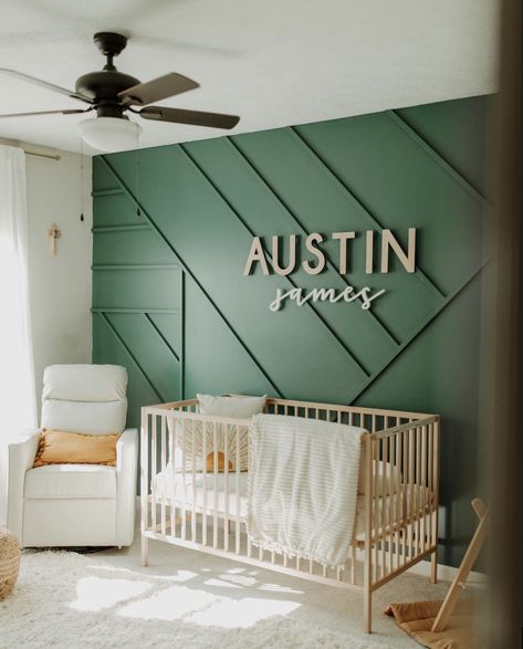 Mod Wood Co Wooden Nursery Name Sign 36" SIZE AUSTIN- daffodil font, natural stain james- magnolia font, white paint Wooden Nursery Name Sign, Magnolia Font, Green Baby Room, Name Sign For Nursery, Nursery Decor Green, Reclaimed Wood Accent Wall, Moody Green, Nursery Accent Wall, Wooden Nursery