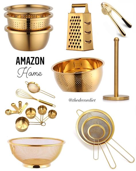 Gold Kitchen Gadgets, Kitchen Gold Accessories, White Black And Gold Home Decor, Kitchen Decor Gold Accents, Black And Gold Kitchen Utensils, White And Gold Kitchen Utensils, Silver And Gold Kitchen Decor, Gold Decor Kitchen, Black White And Gold Kitchen Decor