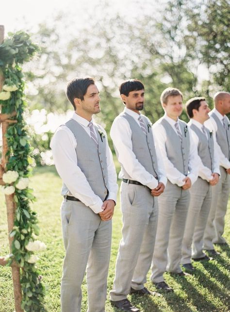 Dapper groomsmen in vests. Groomsmen Waistcoat, Groomsmen Attire Grey, Casual Groomsmen, Groomsmen Vest, Groom Vest, Wedding Groomsmen Attire, Groomsmen Grey, Suit Groom, Groom Wedding Attire