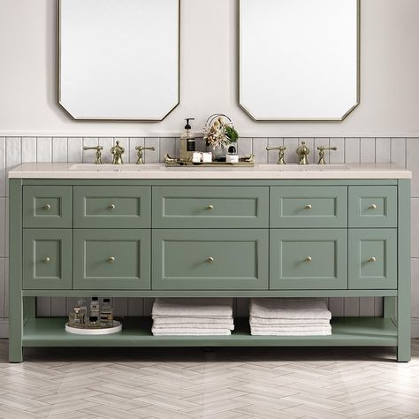 The 72" Breckenridge vanity in Smokey celadon brings a fresh new style with classic features to your bathroom. This muted, yet moody, shade of green is neutral yet still makes a statement. A range of six uniquely scaled drawers and a removable Bamboo organizer tray provide generous and convenient storage. Two faux-drawer style doors open up to adjustable height shelving and a dual-power USB outlet. The integrated lower shelf provides extra storage and completes the look of the cabinet. | James Martin Breckenridge 72" Double Bathroom Vanity in Smokey Celadon with 3 cm Eternal Marfil Quartz Top and Rectangular Sinks | Wood Bamboo Organizer, Shoe Storage Furniture, Small Dishwasher, Green Vanity, Computers Tablets And Accessories, Cabinet Bathroom, Usb Outlet, James Martin, Double Bathroom