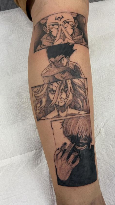 Manga Strip Tattoo, Box Anime Tattoo, Gon And Killua Tattoo Design, Vagabond Manga Tattoo, Manga Panel Tattoo Sleeve, Naruto Belly Tattoo, Comic Panel Tattoo, Anime Face Tattoo, Anime Thigh Tattoo