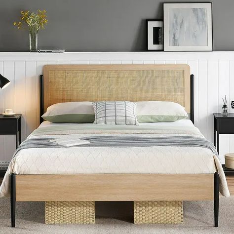 Wooden Storage Metal Platform Bed Frame with Rattan Headboard Queen/ Full - On Sale - Bed Bath & Beyond - 38186677 Corner Headboard, Queen Size Metal Bed Frame, Full Metal Bed Frame, Headboard Platform Bed, Rattan Bed Frame, Modern Style Bed, Rattan Bed, Rattan Headboard, Bed Platform