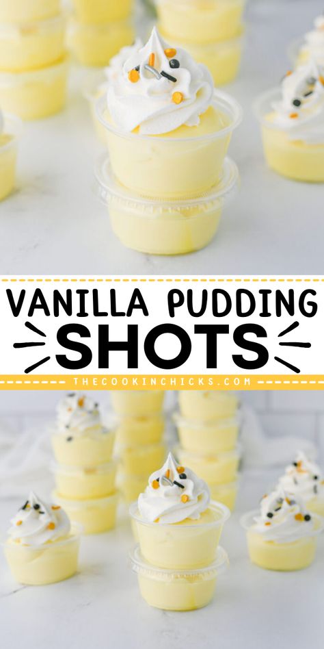 This Vanilla Pudding Shots recipe is easy to make and uses only 4 simple ingredients. The perfect party treat for adults, these pudding shot cups combine creamy pudding with a kick of alcohol for a fun twist on a classic dessert. Yellow Pudding Shots, Vanilla Pudding Shots With Vodka, Pudding Shots Cheesecake, Vanilla Jello Pudding Recipes, How To Make Pudding Shots, Vanilla Vodka Jello Shots, Pudding Shots Alcoholic Easy, Baileys Pudding Shots, Pudding Shots Alcoholic