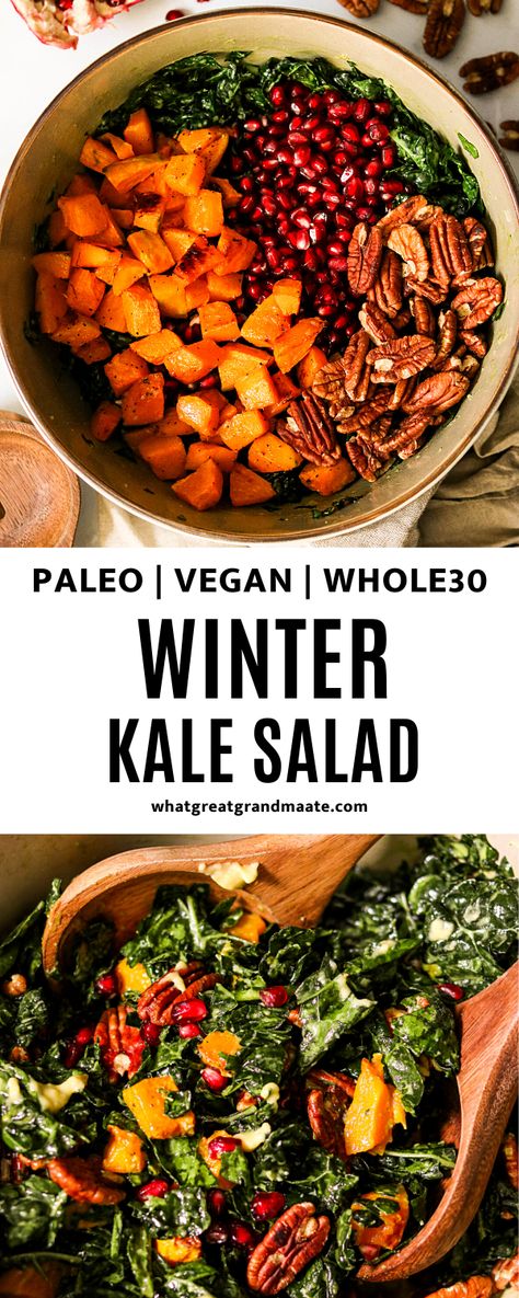 Winter Kale Salad, Tamale Party, Whole 30 Salads, Roasted Garlic Dressing, Paleo Thanksgiving Recipes, Inflammatory Meals, Hearty Salad Recipes, Paleo Christmas, Salad With Pomegranate