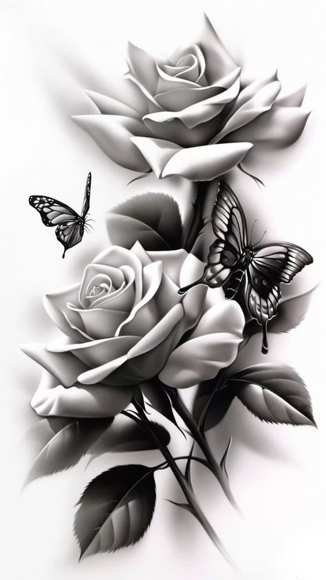 Roses butterflys tattoo design rose tattoo designs Black Roses Tattoo, Tattoo Colour, Tattoo Black And White, Black And White Tattoo, Colour Tattoo, Rose Tattoo Design, Tattoo Black, White Tattoo, Female Tattoo