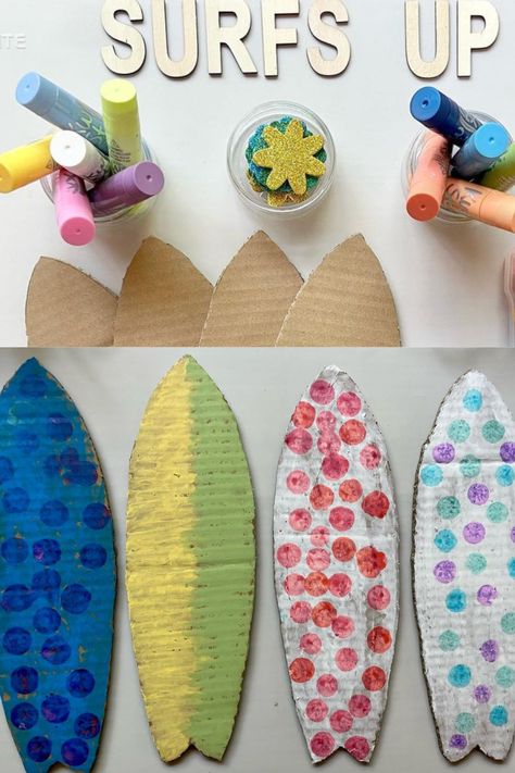 DIY cardboard surfboards! Paint with Kwik Stix and decorate in vibrant colors! 🏄‍♂️🌊 Surf Board Crafts, Beach Theme Crafts For Kids, Easy Beach Crafts For Kids, Summer Crafts For Toddlers Preschool, Beach Kids Crafts, Summer Classroom Decorations Preschool, Diy Surf Board, Fun At The Beach Crafts For Kids, Diy Crafts Summer