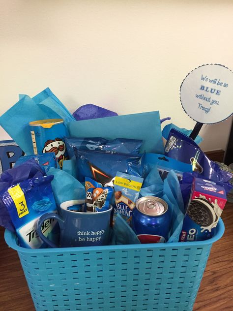 Coworker leaving-"blue without you" going away basket Goodbye Gifts For Coworkers, Gift Baskets For Him, Blue Basket, Boyfriend Gift Basket, Anniversaire Diy, Bff Birthday Gift, Goodbye Gifts, Bff Birthday, Themed Gift Baskets