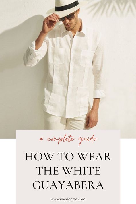 Stylish white guayabera shirt with outfit ideas and fashion tips Guayabera Shirt Men, Guayabera Wedding Groom Attire, Mens Guayabera Outfit, Mens White Party Outfits, Guayabera Outfit For Men Wedding, Cubavera Outfit Men, Guayabera Hombre Outfit, Guayabera Outfit For Men, Guayabera Outfit