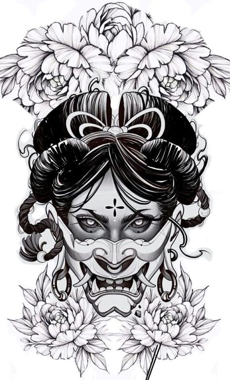 190+ Oni Mask Tattoo Designs with Meaning(2023) - TattoosBoyGirl Hannya Maske Tattoo, Tato Geisha, Mask Tattoos, Hannya Maske, Samurai Mask Tattoo, Tattoo Designs With Meaning, Designs With Meaning, Oni Mask Tattoo, Geisha Tattoo Design