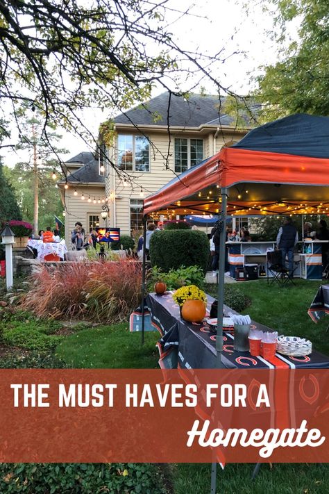 How to throw a tailgate at home this fall when going to the stadium isn't an option! #TailgaterConcierge #Tailgate #Homegate #TailgateIdeas #HomegateIdeas #Tailgateathome #Football #Collegefootball #NFL #Gamewatch #Tailgatefoodideas Football And Fall Decorations, Outdoor Football Watch Party, How To Host A Tailgate Party, Backyard Football Watch Party, 50th Birthday Tailgate Party, Christmas Tailgate Party, At Home Tailgate Party, Tailgate Birthday Party Ideas Kids, Backyard Tailgate Party Ideas