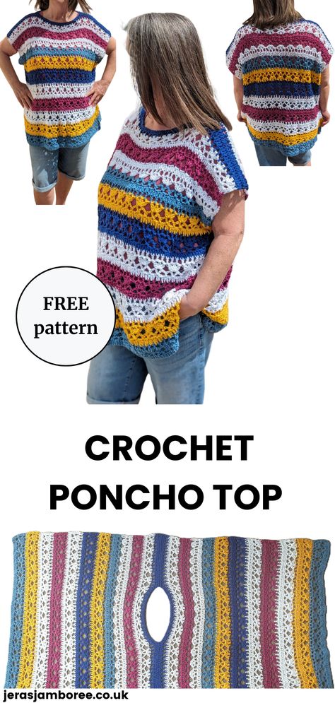 4 images - 3 show a woman wearing a colourful poncho top and 1 shows the crochet poncho laid out flat Easy Crochet Poncho Free Pattern, Easy Crochet Poncho, Crochet Kimono Pattern, Crochet Poncho Patterns Easy, Crochet Poncho Pattern, Crochet Poncho Free Pattern, Crochet Kimono, Crochet Jumper, Crochet Sweater Pattern Free