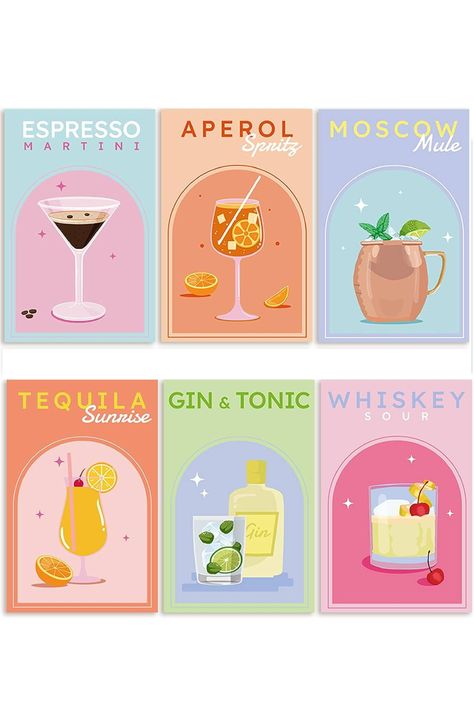 Image of a set of 6 unframed cocktail prints featuring vibrant Aperol Spritz drink posters. Perfect for dorm room wall decor and preppy bedroom aesthetics. Size 11x17 Drink Posters, Spritz Drink, Cocktail Posters, Dorm Room Wall Decor, Preppy Wall Art, Cocktail Illustration, College Room Decor, Dorm Room Walls, Cocktail Poster