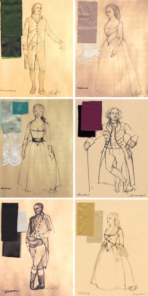 Costume renderings for 'Hamilton' by the costume designer Paul Tazewell. Costume Renderings Sketches, Paul Tazewell Costumes, Costume Sketches Theatre, Theatre Costumes Sketches, Costume Design Theatre Aesthetic, Hamilton Costume Design, Theater Costume Designer Aesthetic, Costume Sketches Design, Costume Design Renderings