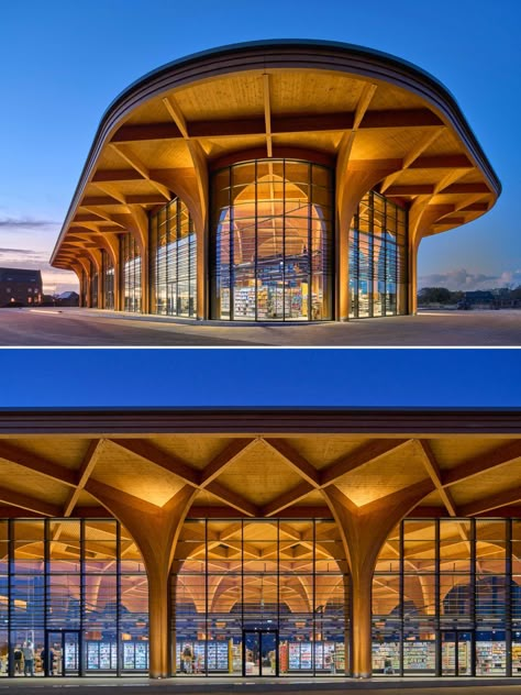 Modern Supermarket, Wood Panelling, Timber Architecture, Pavilion Architecture, Wood Columns, Arch Architecture, Facade Architecture Design, Airport Design, Facade Lighting