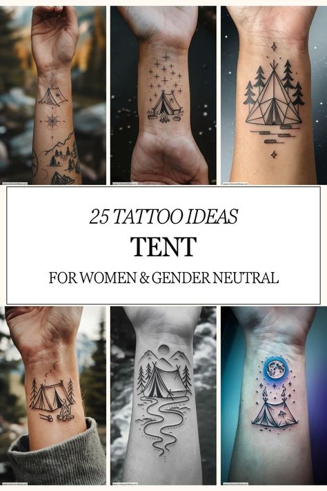 Collage of tent tattoo designs on forearms with nature and celestial elements. Tent Tattoo, Small Wrist Tattoo Ideas, Small Wrist Tattoos For Women, Women Tattoo Inspiration, Small Wrist Tattoo, Tattoo Ideas For Females, Wrist Tattoo Ideas, Meaningful Symbols, Small Wrist Tattoos