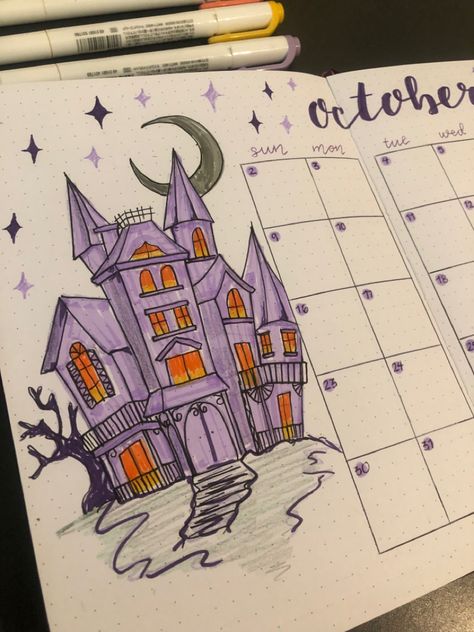 October spooky/haunted purple house bullet journal monthky spread Haunted House Bullet Journal, October Journal Spread, Bullet Journal Halloween Theme, Spooky Bullet Journal, Bullet Journal October Spread, Halloween Bullet Journal, October Bullet Journal, Bullet Journal Halloween, Bullet Journal October