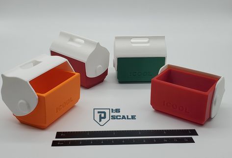 "This listing is for our 1:6 Scale ICOOL Cooler \"16 Quart\"  - a small-scale version inspired by the popular 1:1 Elite Cooler. This 3D printed miniature is perfect for1:6 scale figures and adds a realistic touch to your scale scenes. The lid swings to either side and this cooler can be used as a small storage container. Please message us if you have any questions before purchasing. Measurements- 2.68\" (68mm) Wide x 1.7\" (44mm) Deep x 2.42\" (61.5mm) Tall If you would like a different color than what is listed please message us with your order. Check out our shop for other scale products we feature!-----> https://www.etsy.com/shop/NMIplastics?ref=search_shop_redirect§ion_id=27575241 Made with 100% recyclable 3D printed PLA plastic! NMIplastics original designs. Due to the nature of the 3 Stuff To 3d Print, Useful 3d Printed Objects, Product Features Design, 3d Print Household Items, 3d Print Barbie Accessories, 3d Printer Miniatures, 3d Print Ideas, 3d Print Dollhouse Furniture, 3d Printing Dollhouse Miniatures