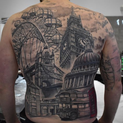 London back piece tattoo with Big Ben, St. Paul’s cathedral, tower bridge, London bus, red telephone box and eltham palace London Bridge Tattoo, Palace Tattoo, Cathedral Tattoo, Bridge Tattoo, Eltham Palace, St. Paul’s Cathedral, Piece Tattoo, Red Telephone Box, Red Telephone