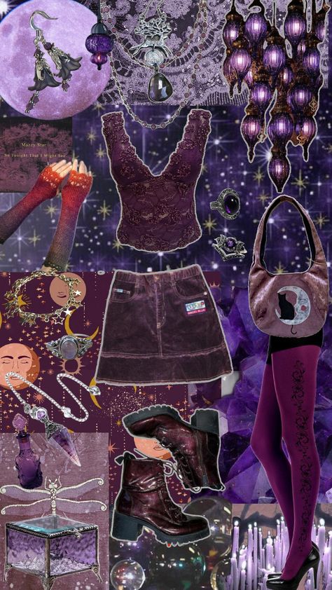 purple whimsigothic outfit #outfit #outfitinspo # purple #top #skirt #purse #boots #ring #bracelet #necklace #earrings #jewelry #whimsigoth #90s #goth #alternative #beaded #witch #charmed Purple Whimsigothic, Whimsigoth 90s, 90s Goth, Purple Top, Bracelet Necklace, Necklace Earrings, Ring Bracelet, Earrings Jewelry, Witch