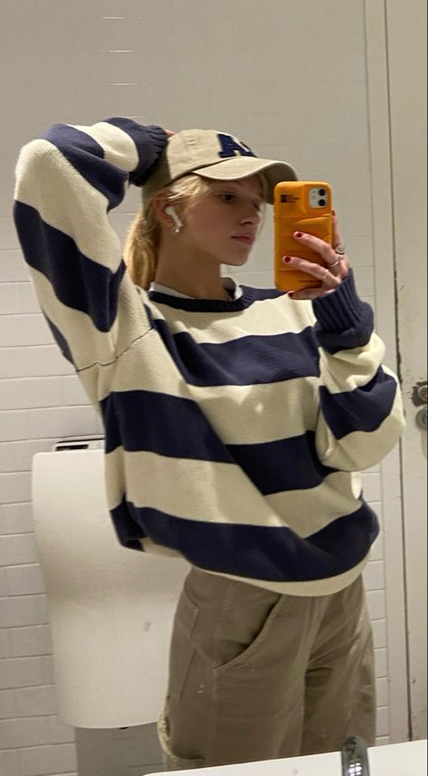 Mirror picture wearing: blue and white striped sweater + brown cargo pants + brown baseball hat Fall Sweaters Striped, What To Wear With A Blue Sweater, Blue And Cream Striped Sweater Outfit, Blue White Striped Sweater Outfit, White And Blue Striped Sweater Outfit, Blue Stripe Sweater, White And Blue Sweater Outfit, Striped Fall Sweater, How To Style A Striped Sweater