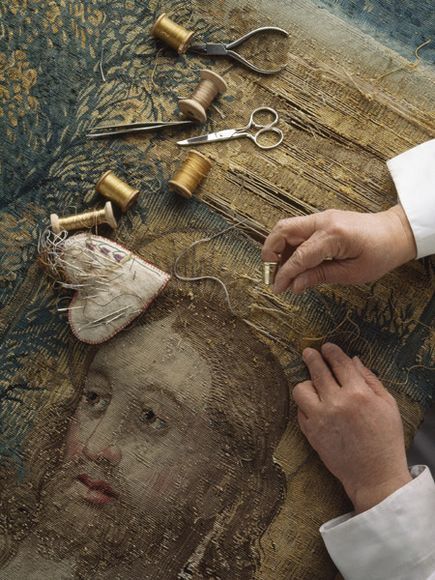 "Repair of Raphael Tapestry". Photograph by James L. Stanfield || Drawing on a stock of more than 6,000 colors of thread, a nun repairs a tapestry designed by Raphael, in which Peter receives the keys to the church from Christ. —From the National Geographic book Inside the Vatican, 1991 The Vatican, Needle Arts, Antique Textiles, The Keys, Art Textile, Tapestry Weaving, Religious Art, Tapestry Design, Fabric Art