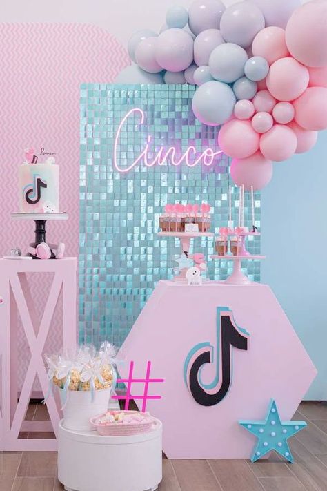 Tiktok Birthday Party Ideas, Tiktok Birthday Party, Birthday Tiktok, Tiktok Party, Bolo Panda, Tiktok Birthday, Dessert Table Backdrop, Girls Birthday Party Themes, Birthday Party Theme Decorations