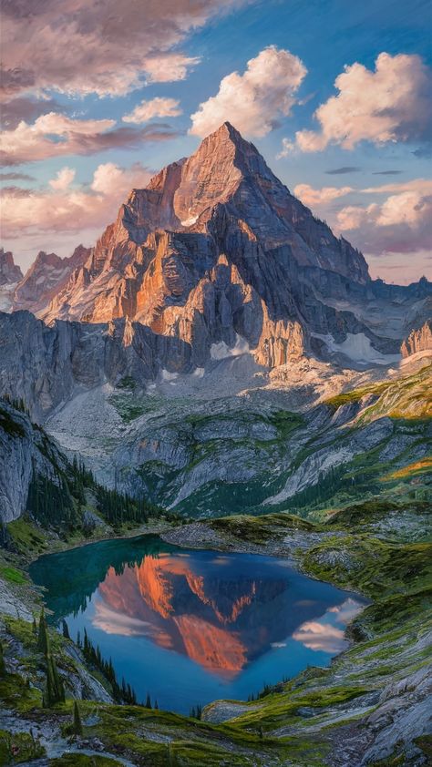 Immerse yourself in the breathtaking beauty of a mountain peak at sunrise. This stunning wallpaper captures the rugged terrain and intricate textures, reminiscent of Impressionism, with a serene alpine lake reflecting the grandeur above. Experience the vibrant colors of the sky transitioning from soft pastels to deep azure, showcasing nature's raw power and tranquility. Perfect for nature lovers and adventure seekers. Keywords: mountain wallpaper, sunrise scenery, nature art. Nature, Pretty Mountains, Relaxing Scenery, Wallpaper Sunrise, Sunrise Scenery, Mountain Summit, Sunrise Wallpaper, Mountainous Landscape, Mountains Aesthetic