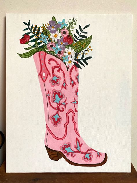 #gouache #gouachepainting #painting #cowboy #cowboyboot #floral #cowboybootpainting #flowers #art #decoraction #modern #aesthetic Cowboy Boots Drawing, Gauche Painting, Pink Canvas Art, Western Artwork, Dorm Art, Western Paintings, Simple Canvas Paintings, Cute Canvas Paintings, Canvas Painting Designs