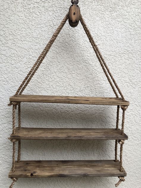 Pulley Shelf Hanging Shelves, Wooden Pulley Ideas Home Decor, Pulley Ideas, Pulley Decor, Pulleys And Gears, Energy Ideas, Decor Shelves, Rustic Wall Shelves, Bathroom Farmhouse