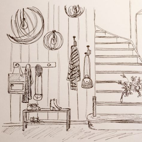 Drawings Of Bedrooms, Arcitechture Simple Drawing, How To Draw A Room, Room Drawings Sketches, Drawing Of A Room, Shelves Drawing, Hallway Drawing, Living Room Sketch, Inside Drawing