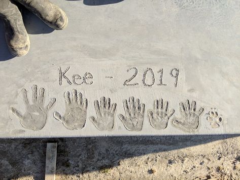 Family handprints in our new concrete porch Concrete Family Imprint Ideas, Handprint In Concrete, Hand Prints In Concrete Ideas, Footprints In Concrete, Hand Print In Concrete, Handprints In Concrete New Home, Concrete Handprints Ideas, Cement Handprints, Family Handprints