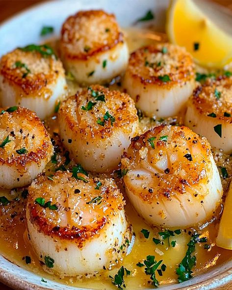 Panko Crusted Scallops, Garlic Butter Scallops Pasta, Seared Scallops With Garlic Basil Butter, Scallops In Cream Sauce, How To Cook Scallops In Cast Iron, Sauteed Shrimp And Scallops, Scallops With Risotto, Baked Seafood, Scallops In The Oven