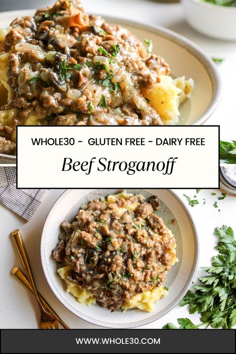 This budget-friendly Whole30 Beef Stroganoff is the perfect 30-minute meal for busy weeknights when you want something delicious without the hassle. Whole 30 Hamburger Casserole, Whole30 Beef Stroganoff, Whole30 Casserole Dinners, Whole 30 Stroganoff, Grain Free Meals Clean Eating, Whole 30 Beef Stroganoff, Make Ahead Whole 30 Meals, Whole 30 Comfort Food Recipes, Beef Dairy Free Recipes